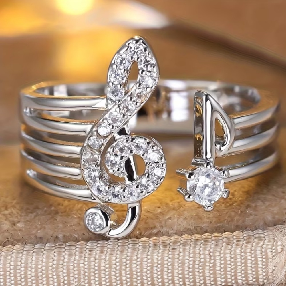 Stainless Steel Music Note Ring with Clear Crystals - Women Jewelry Adjustable